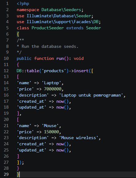 Kode ProductSeeder.php